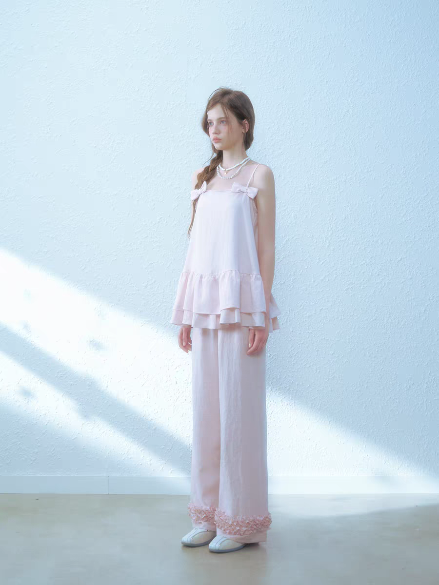 Narrator. Original Design Cotton Linen Bow Tie Cami Top & Lace Trim Pants Set
