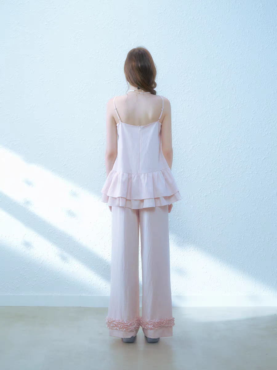 Narrator. Original Design Cotton Linen Bow Tie Cami Top & Lace Trim Pants Set
