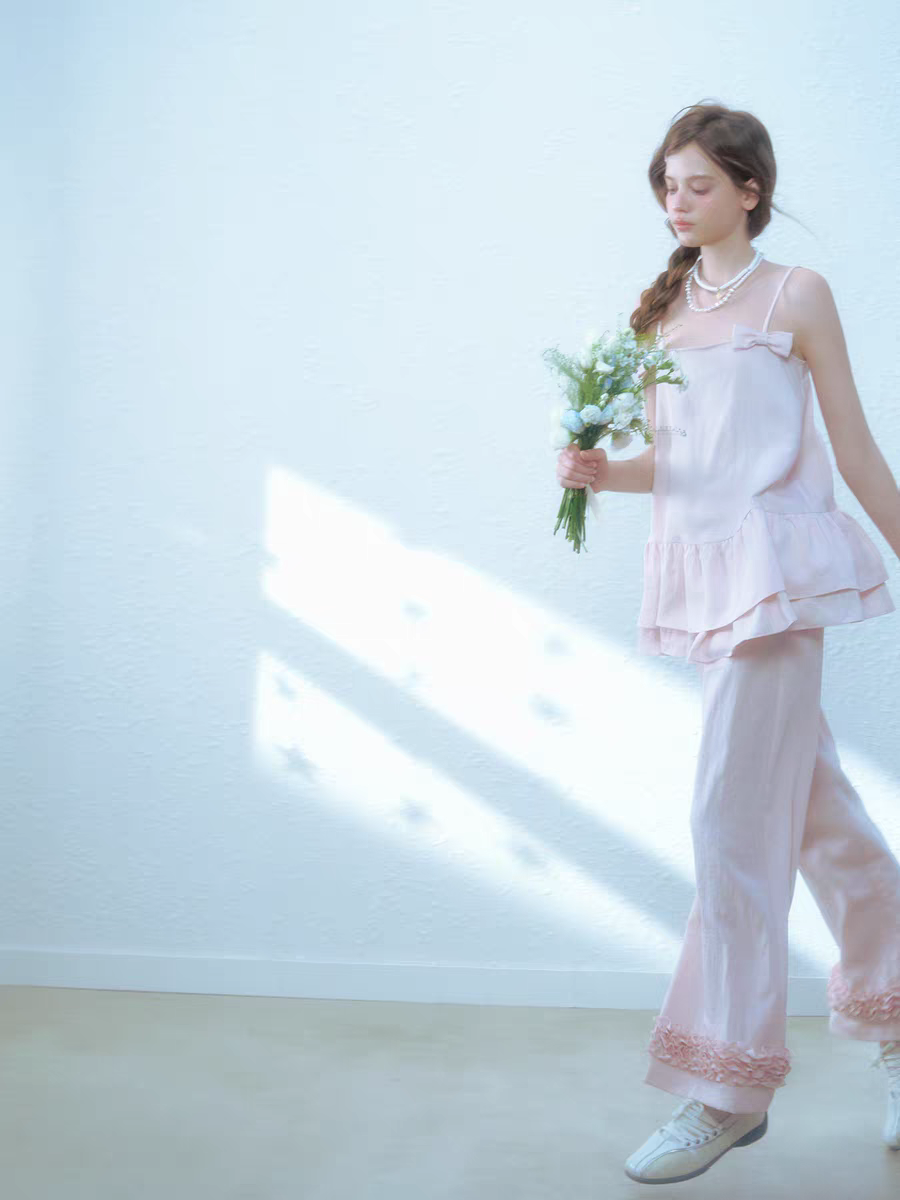 Narrator. Original Design Cotton Linen Bow Tie Cami Top & Lace Trim Pants Set