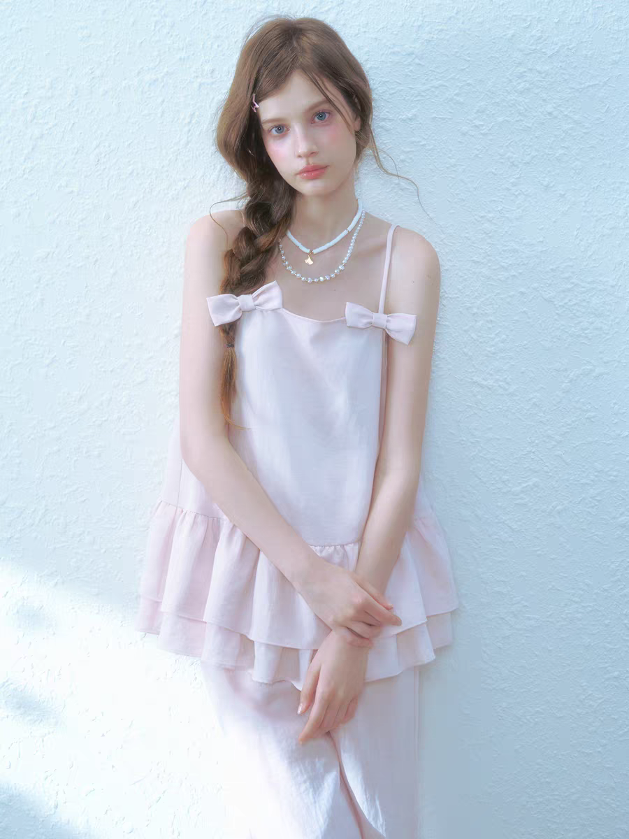 Narrator. Original Design Cotton Linen Bow Tie Cami Top & Lace Trim Pants Set