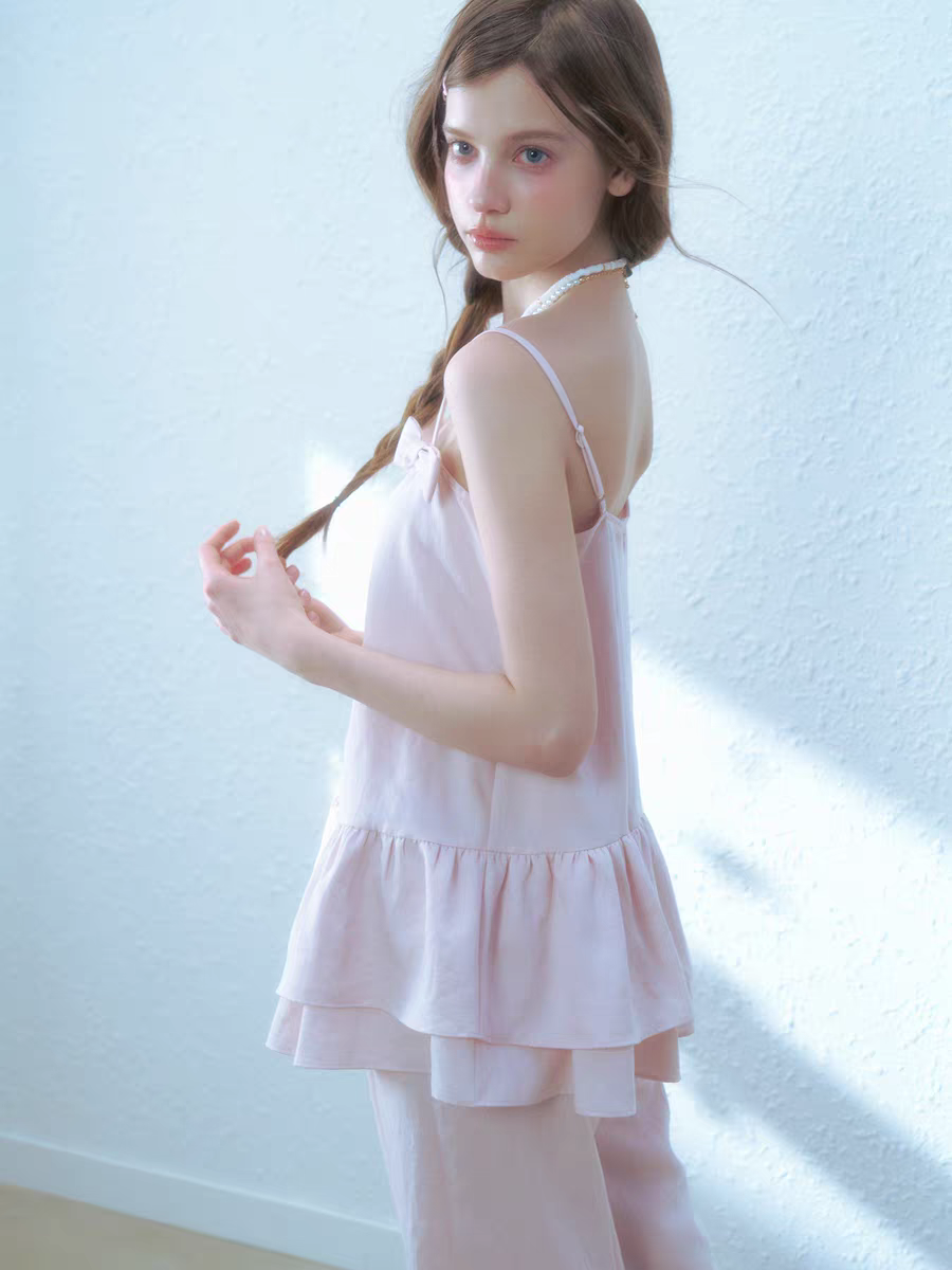 Narrator. Original Design Cotton Linen Bow Tie Cami Top & Lace Trim Pants Set