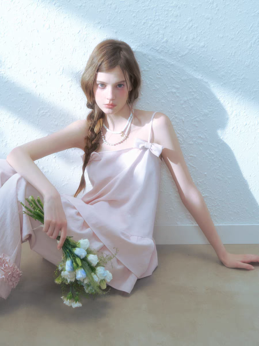 Narrator. Original Design Cotton Linen Bow Tie Cami Top & Lace Trim Pants Set