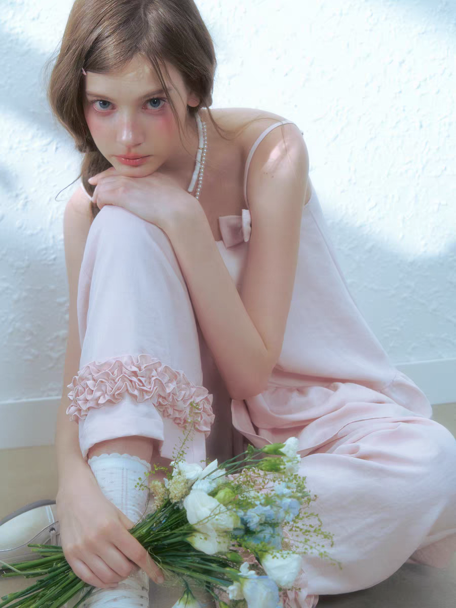 Narrator. Original Design Cotton Linen Bow Tie Cami Top & Lace Trim Pants Set