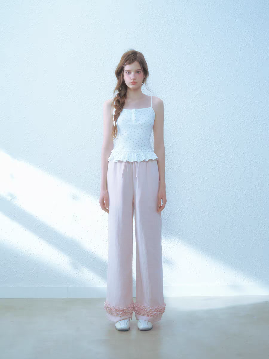 Narrator. Original Design Cotton Linen Bow Tie Cami Top & Lace Trim Pants Set
