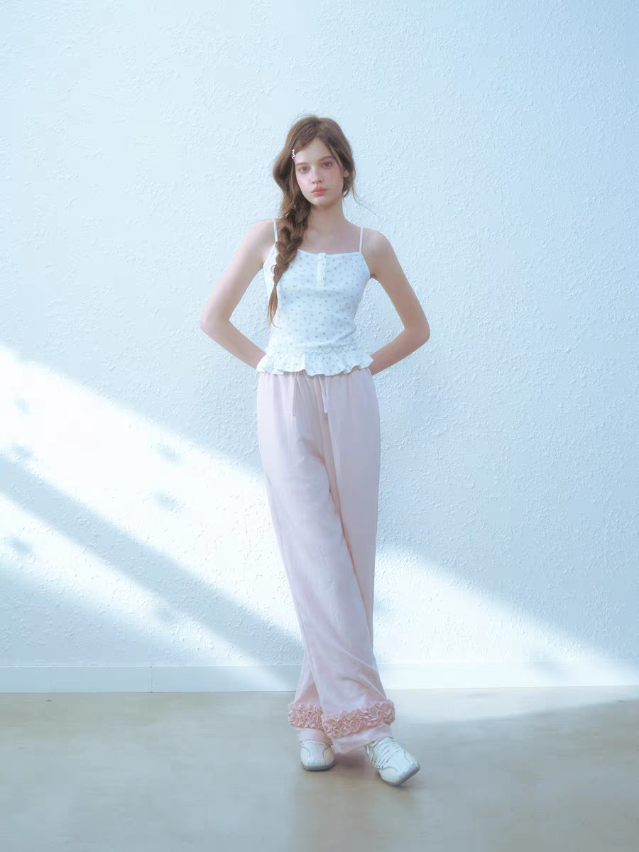 Narrator. Original Design Cotton Linen Bow Tie Cami Top & Lace Trim Pants Set