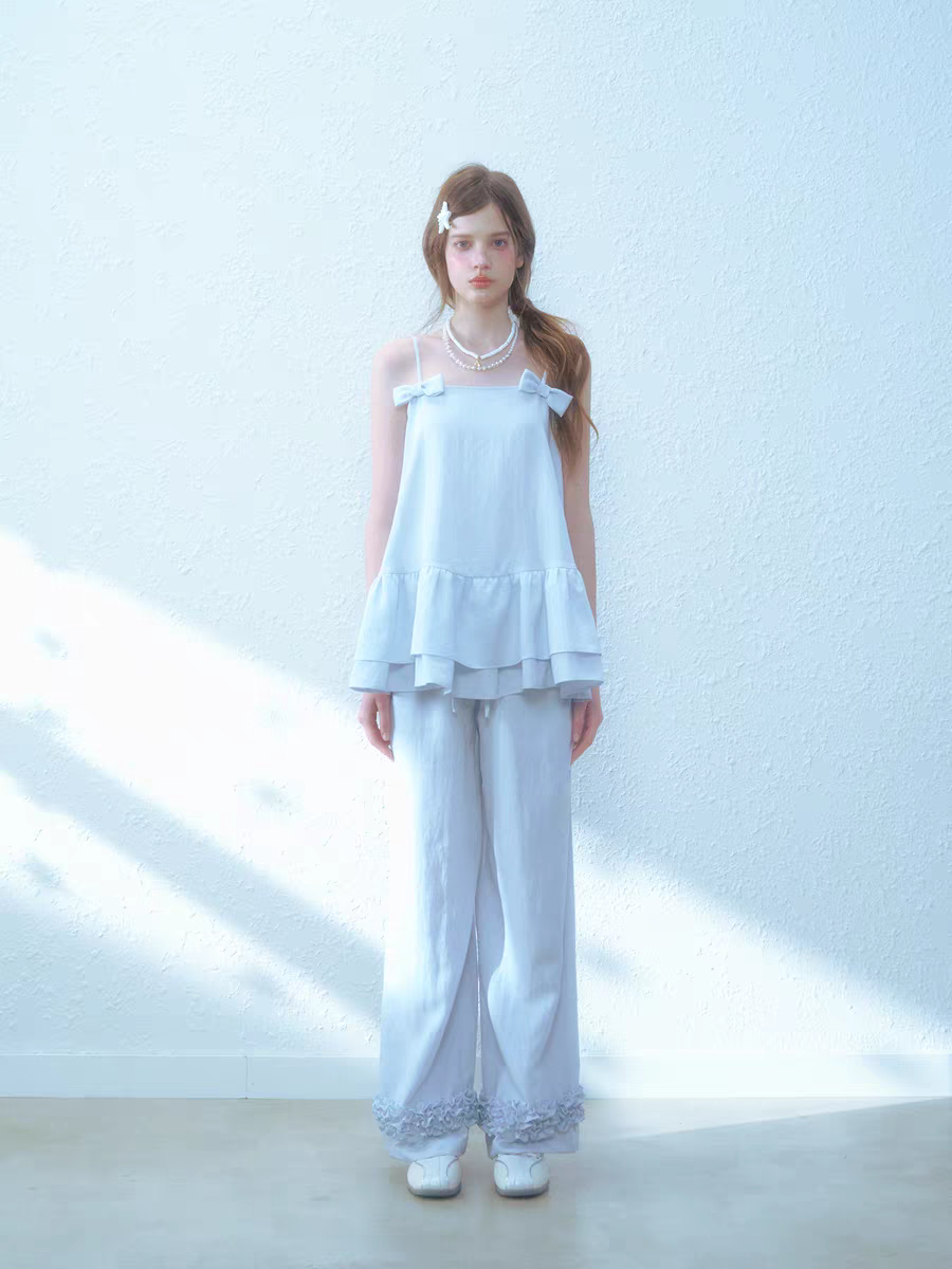 Narrator. Original Design Cotton Linen Bow Tie Cami Top & Lace Trim Pants Set