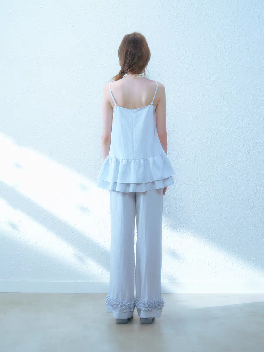 Narrator. Original Design Cotton Linen Bow Tie Cami Top & Lace Trim Pants Set