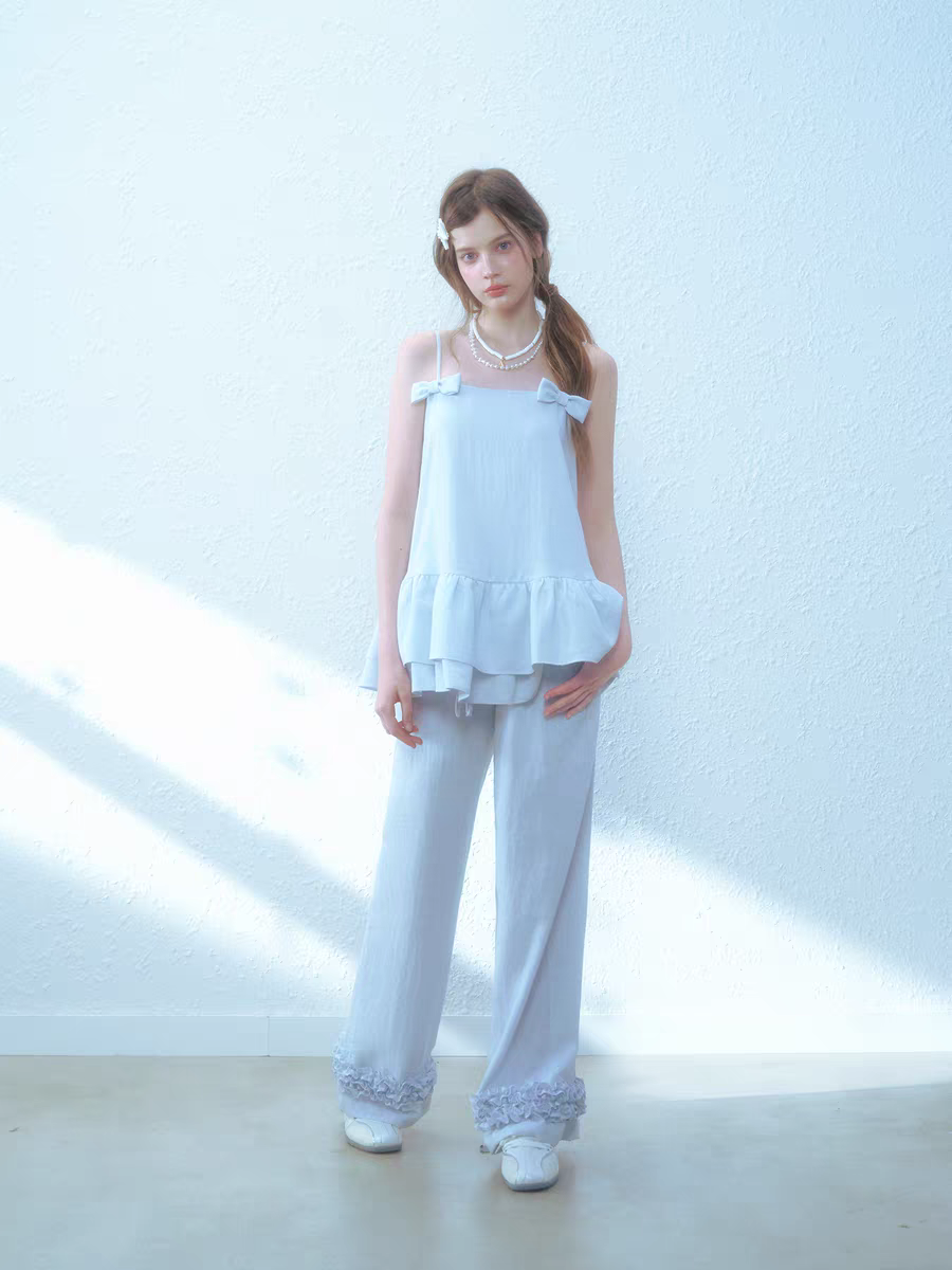 Narrator. Original Design Cotton Linen Bow Tie Cami Top & Lace Trim Pants Set