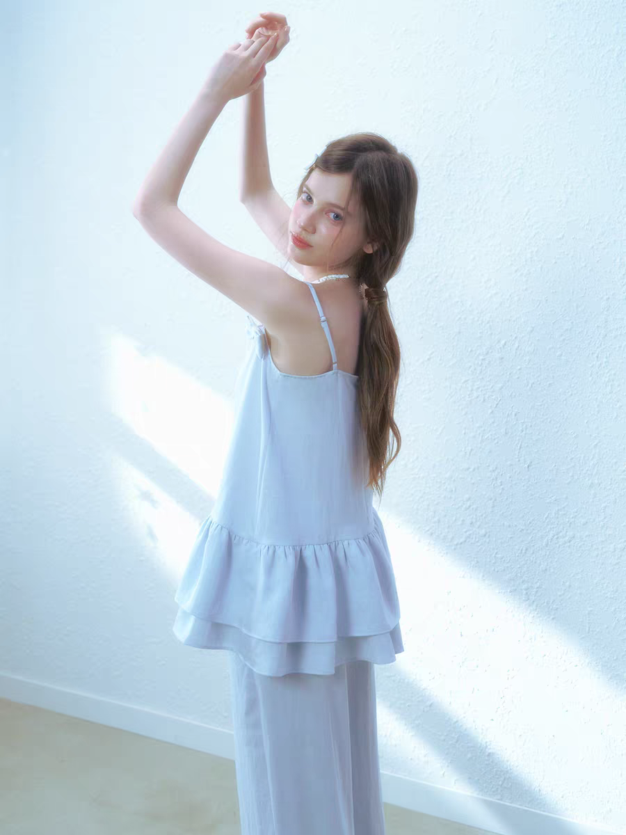 Narrator. Original Design Cotton Linen Bow Tie Cami Top & Lace Trim Pants Set