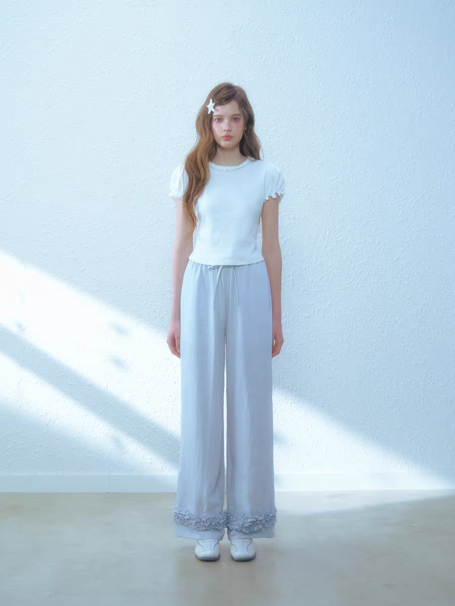Narrator. Original Design Cotton Linen Bow Tie Cami Top & Lace Trim Pants Set