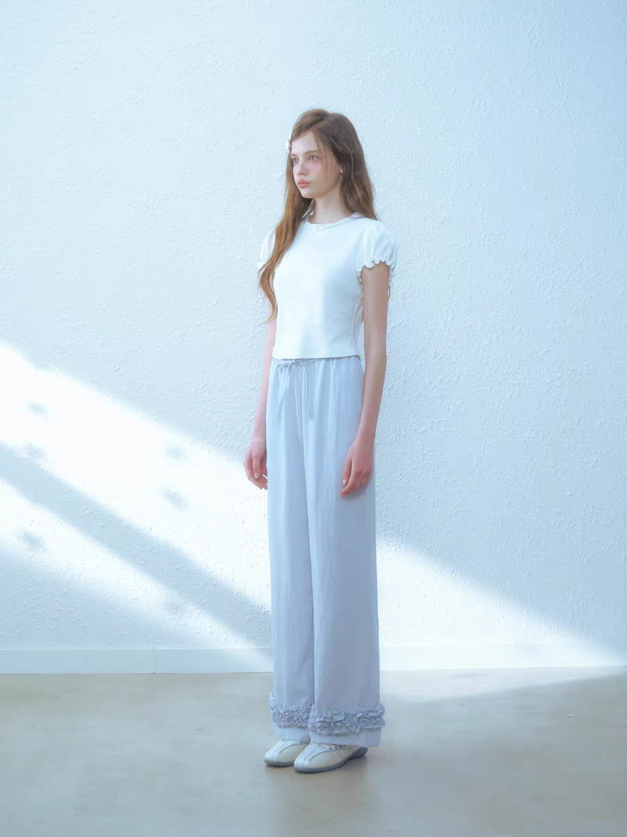 Narrator. Original Design Cotton Linen Bow Tie Cami Top & Lace Trim Pants Set