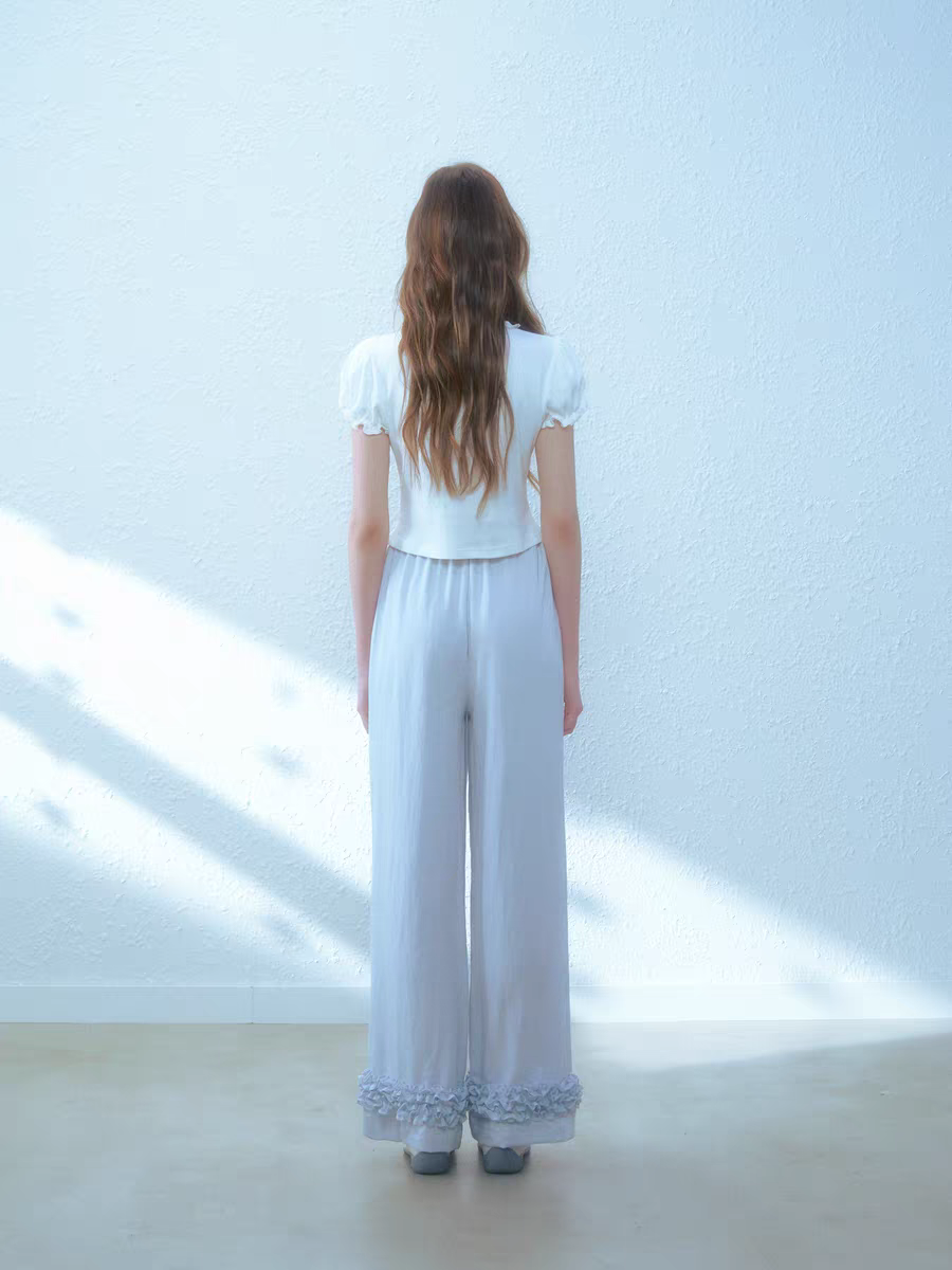 Narrator. Original Design Cotton Linen Bow Tie Cami Top & Lace Trim Pants Set