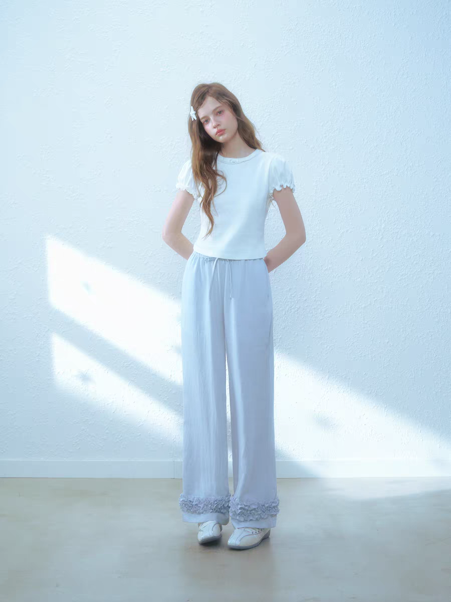 Narrator. Original Design Cotton Linen Bow Tie Cami Top & Lace Trim Pants Set