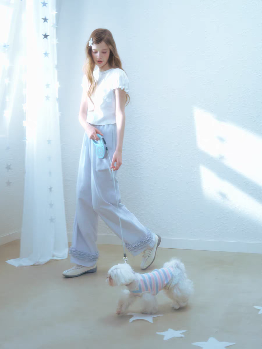 Narrator. Original Design Cotton Linen Bow Tie Cami Top & Lace Trim Pants Set