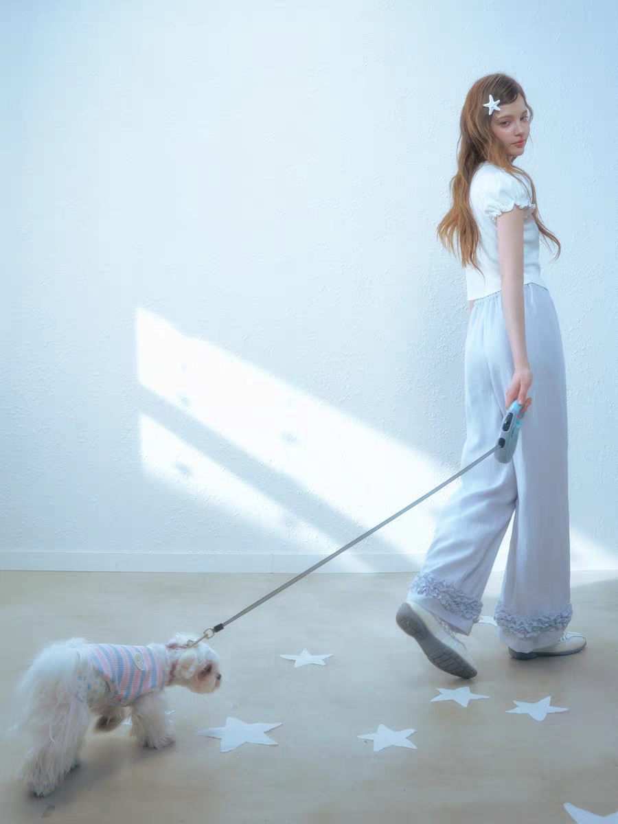 Narrator. Original Design Cotton Linen Bow Tie Cami Top & Lace Trim Pants Set