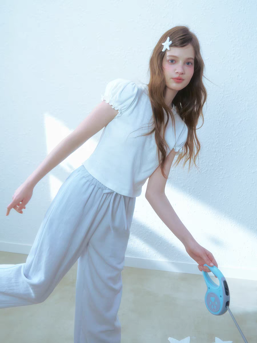 Narrator. Original Design Cotton Linen Bow Tie Cami Top & Lace Trim Pants Set