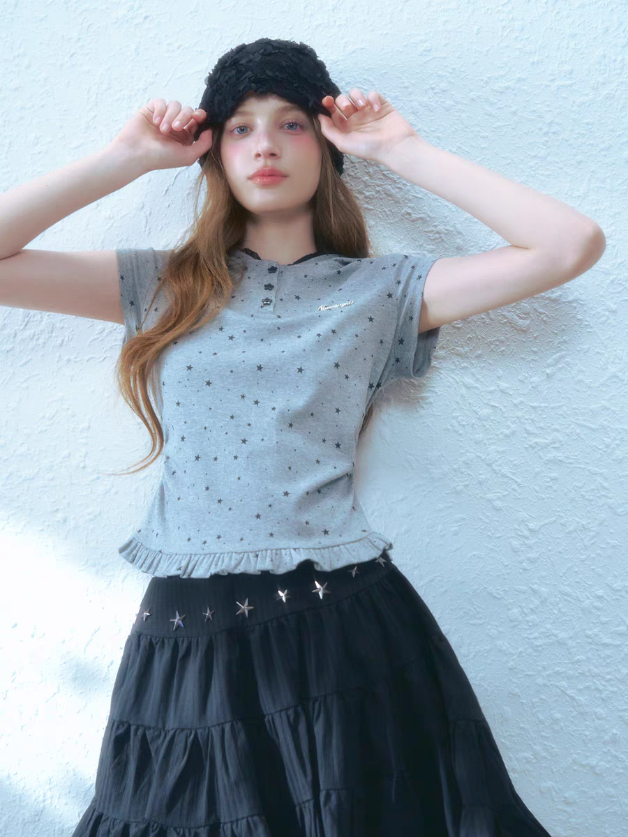 Narrator. Original Design Star Lace Trim Hooded T-Shirt