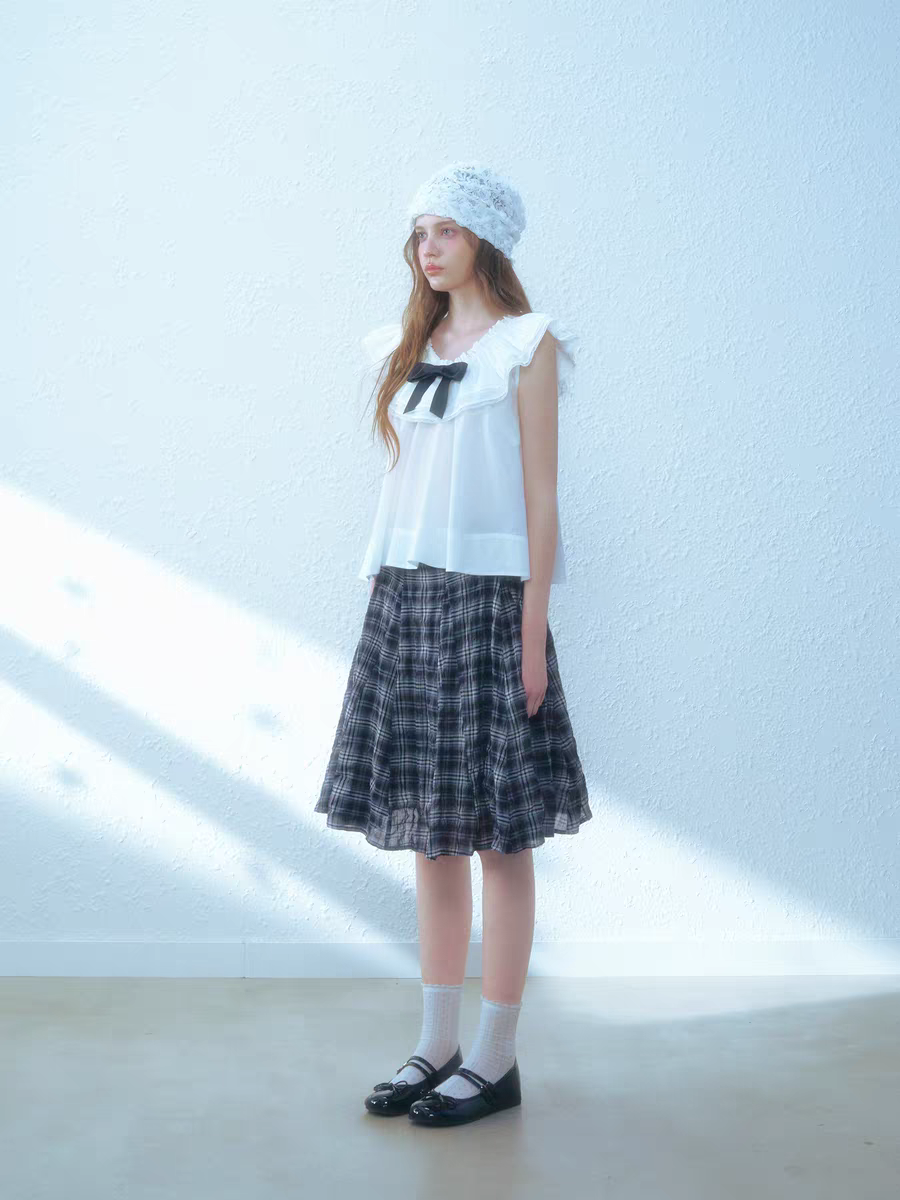 Narrator. Original Design Sleeveless Bow Top & Gingham Midi Skirt Set