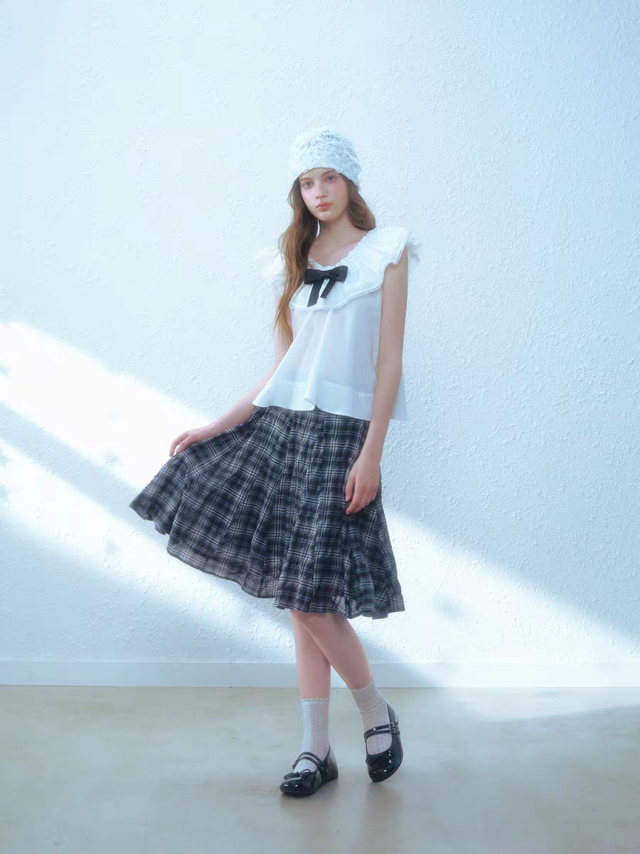 Narrator. Original Design Sleeveless Bow Top & Gingham Midi Skirt Set