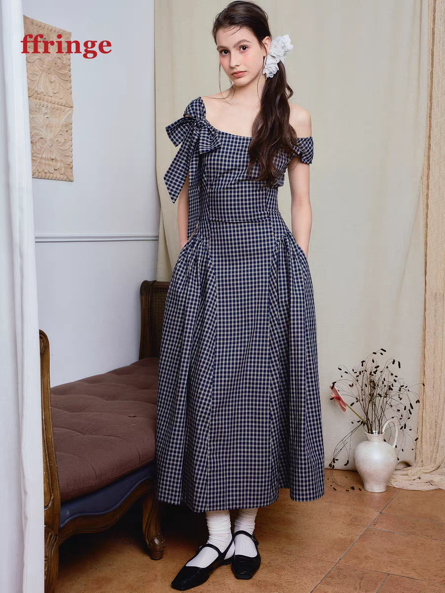 Ffringe. Original Design Asymmetrical Shoulder Detachable Bow Tie Maxi Dress