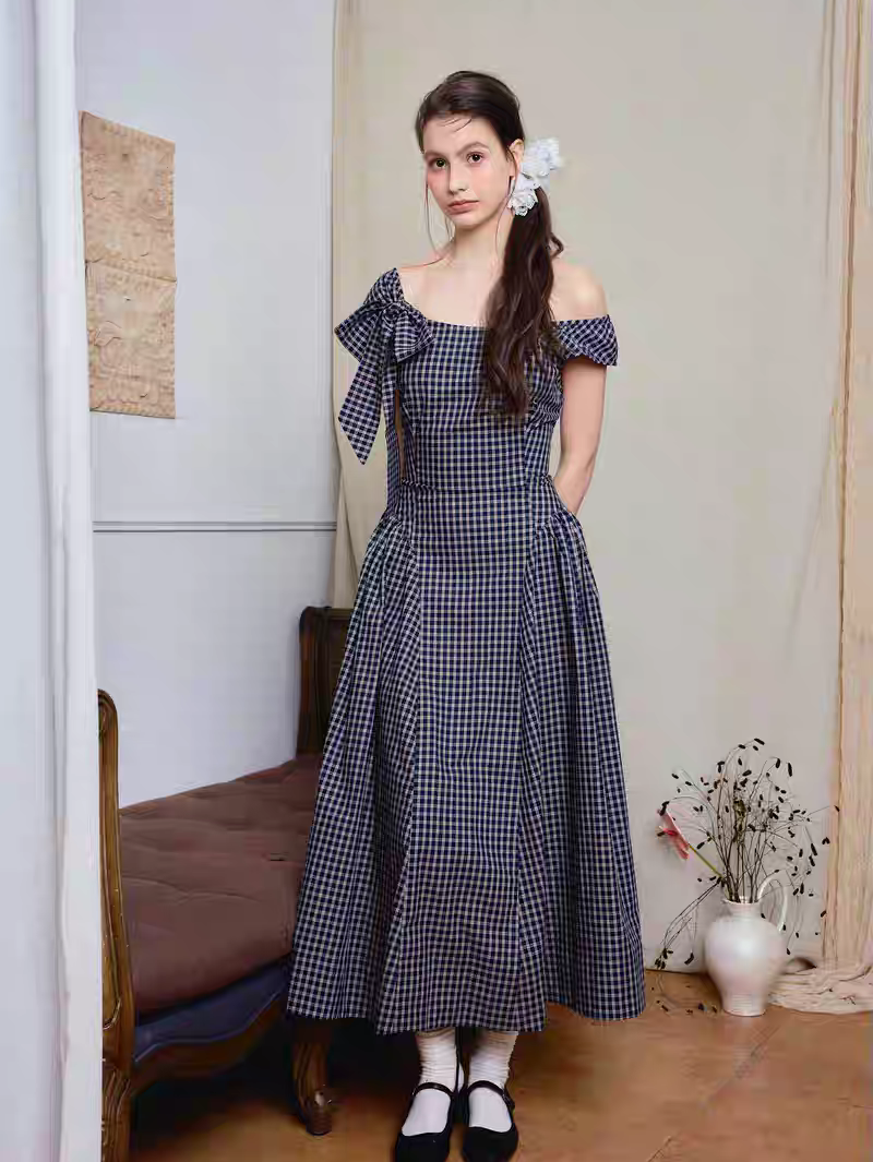 Ffringe. Original Design Asymmetrical Shoulder Detachable Bow Tie Maxi Dress