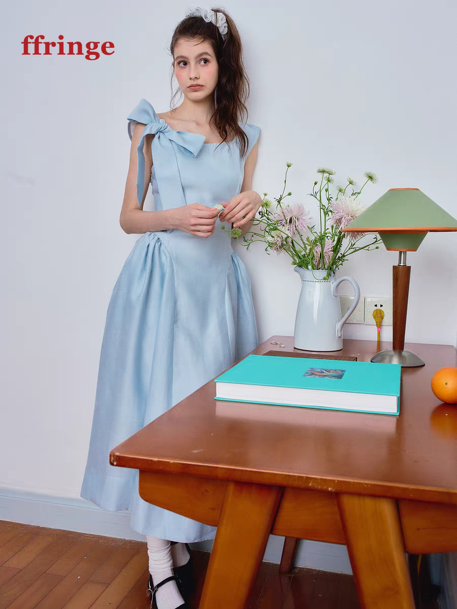 Ffringe. Original Design Asymmetrical Shoulder Detachable Bow Tie Maxi Dress