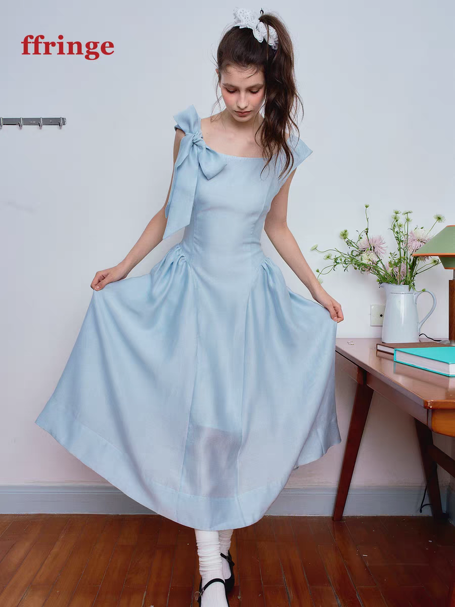 Ffringe. Original Design Asymmetrical Shoulder Detachable Bow Tie Maxi Dress