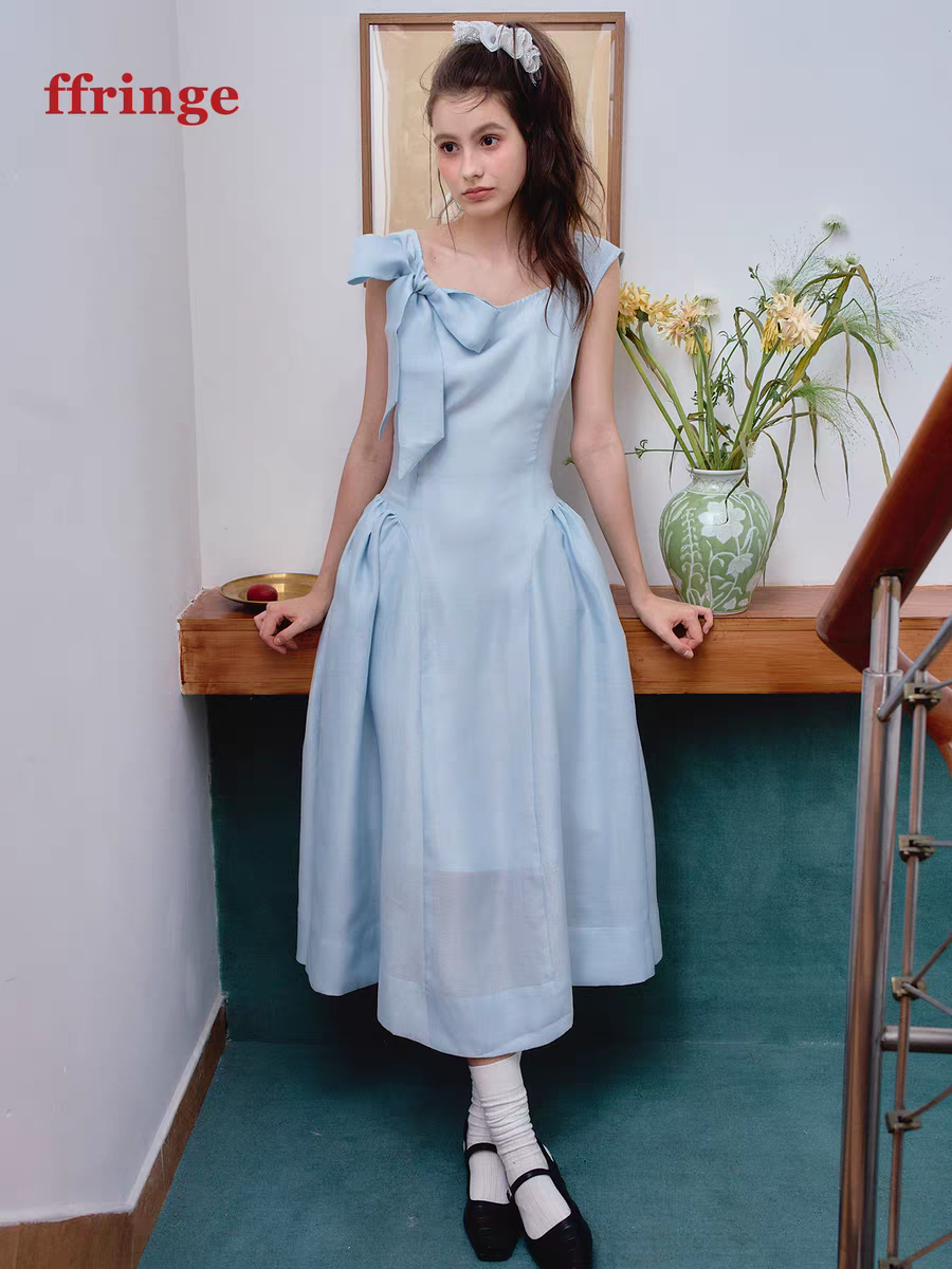 Ffringe. Original Design Asymmetrical Shoulder Detachable Bow Tie Maxi Dress