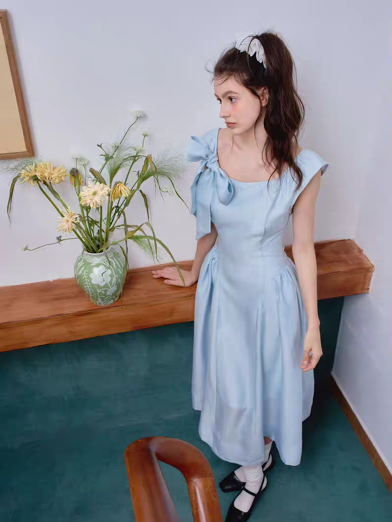 Ffringe. Original Design Asymmetrical Shoulder Detachable Bow Tie Maxi Dress