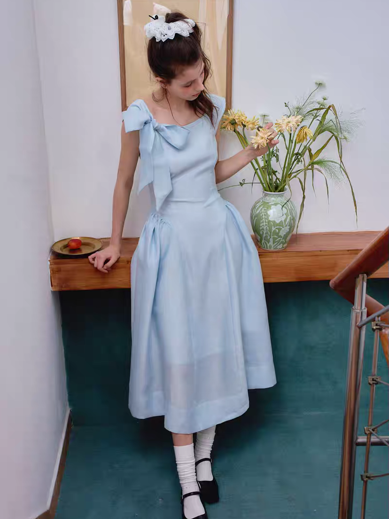 Ffringe. Original Design Asymmetrical Shoulder Detachable Bow Tie Maxi Dress