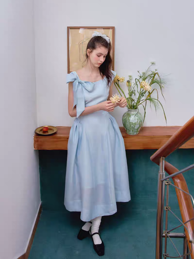 Ffringe. Original Design Asymmetrical Shoulder Detachable Bow Tie Maxi Dress