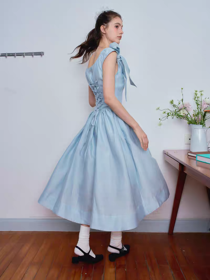 Ffringe. Original Design Asymmetrical Shoulder Detachable Bow Tie Maxi Dress