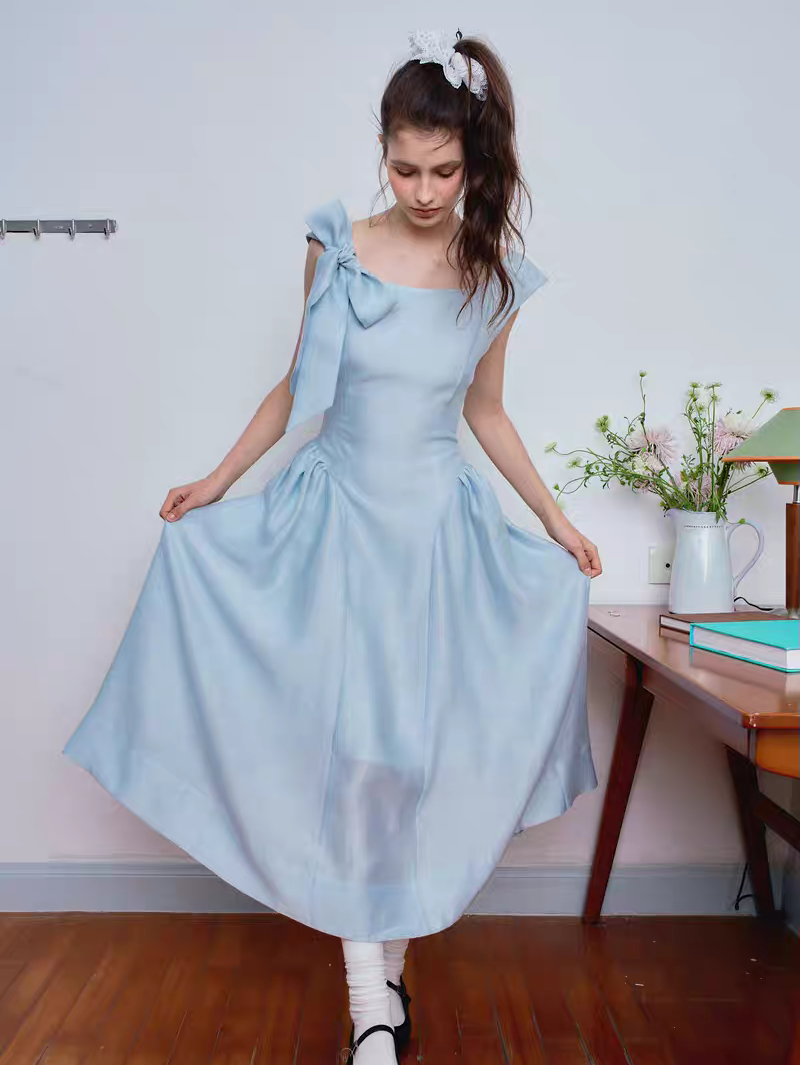 Ffringe. Original Design Asymmetrical Shoulder Detachable Bow Tie Maxi Dress