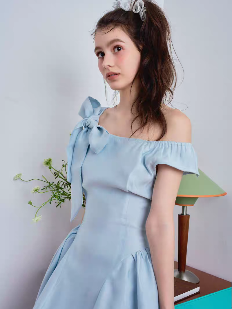 Ffringe. Original Design Asymmetrical Shoulder Detachable Bow Tie Maxi Dress