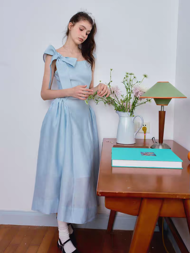 Ffringe. Original Design Asymmetrical Shoulder Detachable Bow Tie Maxi Dress