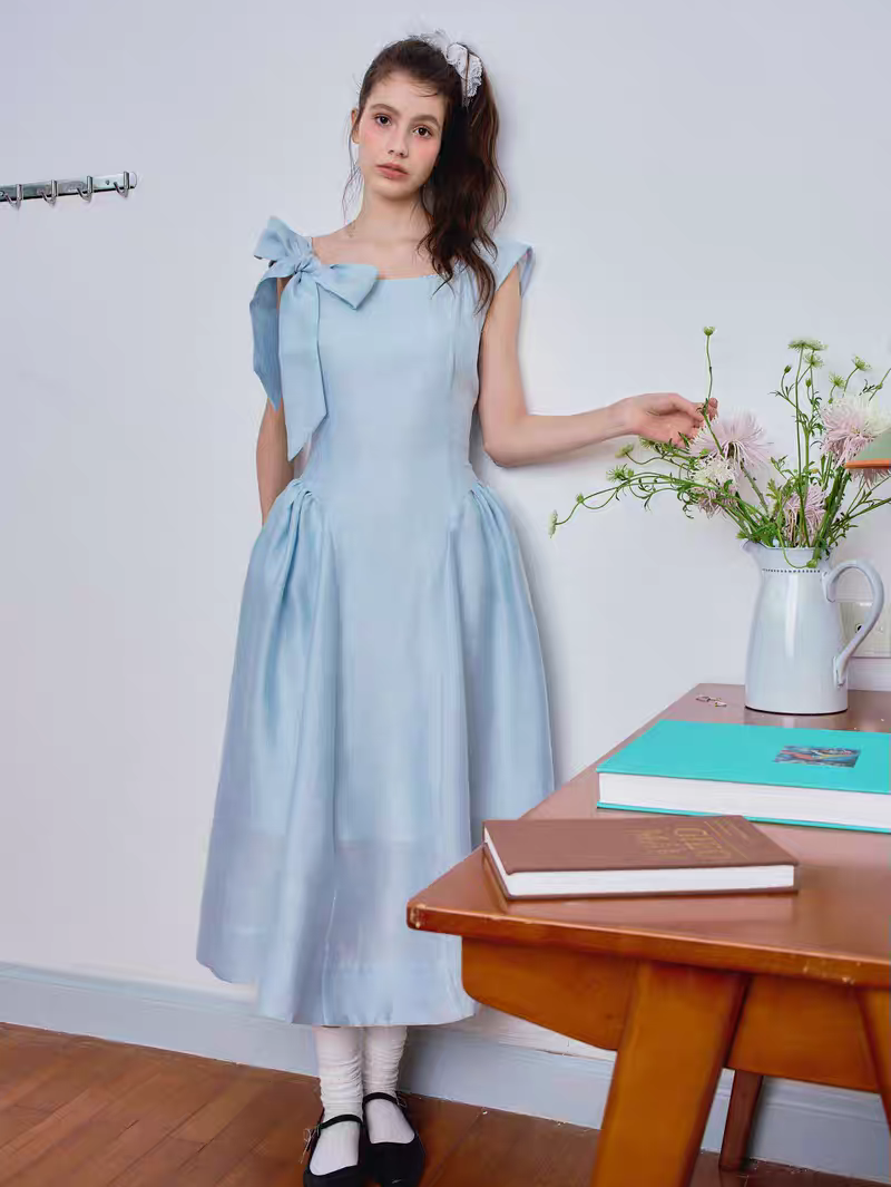 Ffringe. Original Design Asymmetrical Shoulder Detachable Bow Tie Maxi Dress