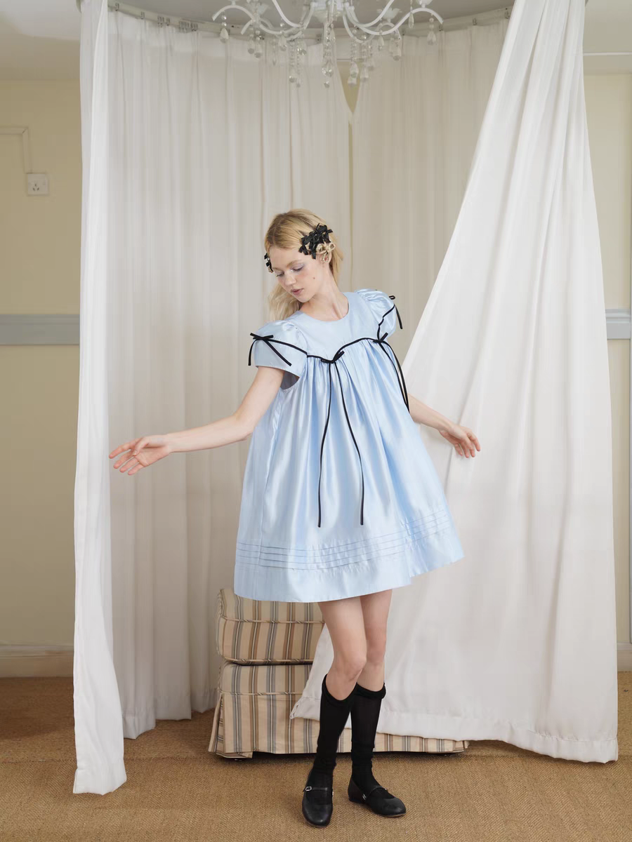 HSIYOUNWOO. Original Design Silk Bow Puff Sleeve Babydoll Dress