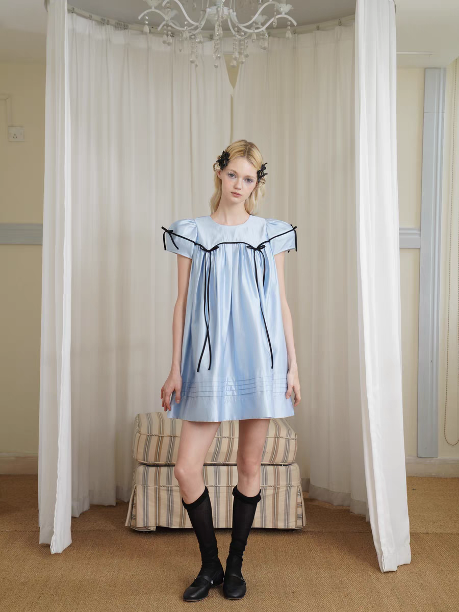 HSIYOUNWOO. Original Design Silk Bow Puff Sleeve Babydoll Dress