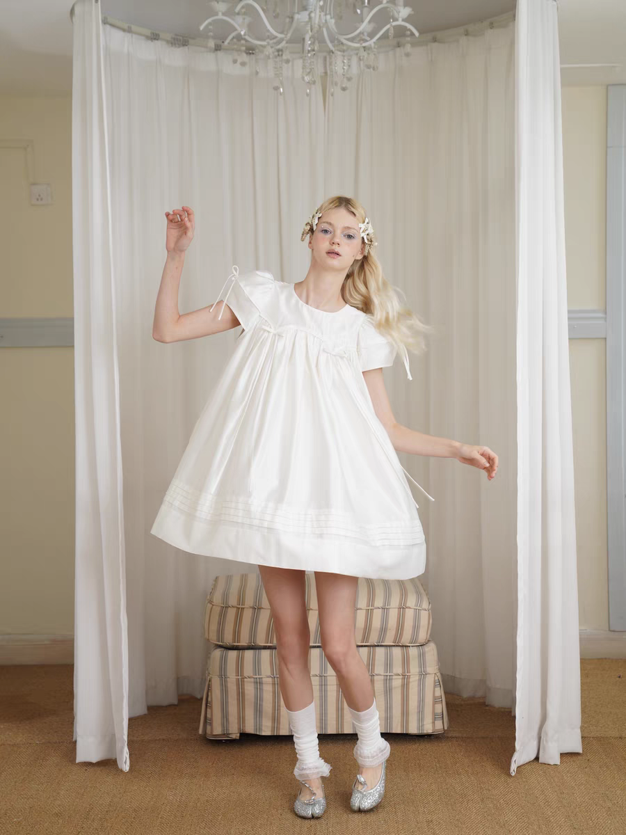 HSIYOUNWOO. Original Design Silk Bow Puff Sleeve Babydoll Dress