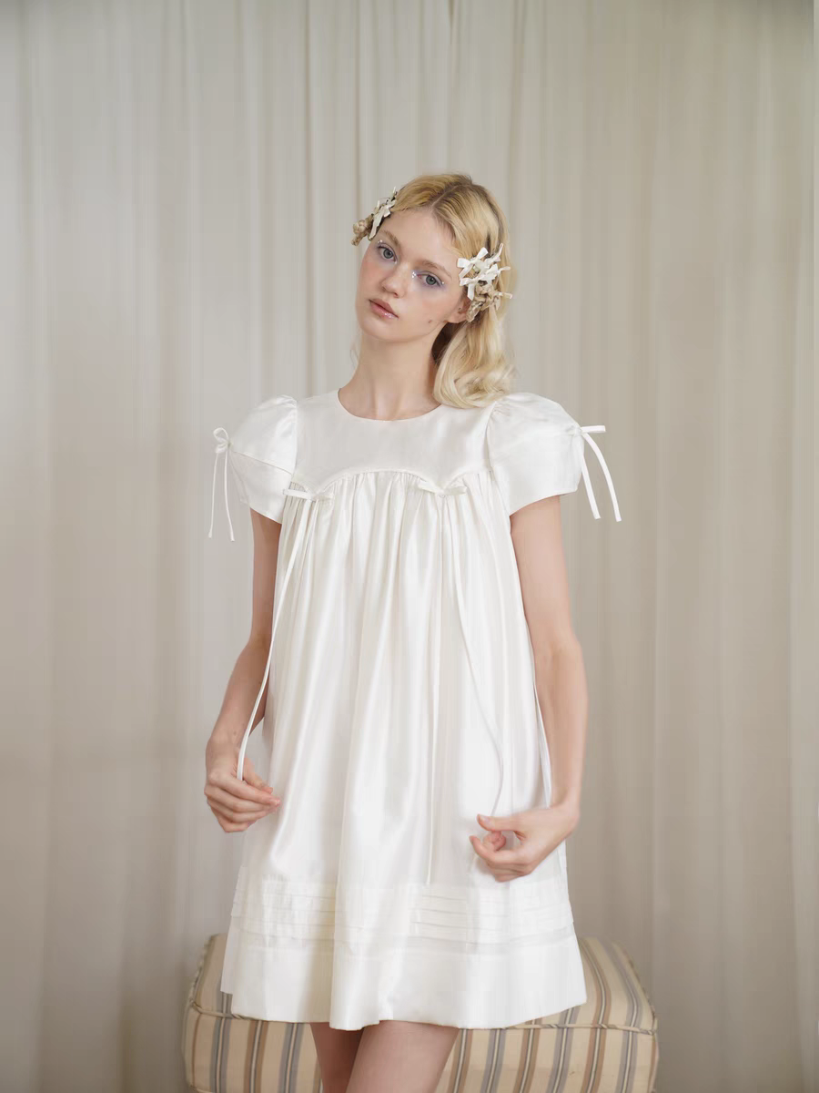 HSIYOUNWOO. Original Design Silk Bow Puff Sleeve Babydoll Dress