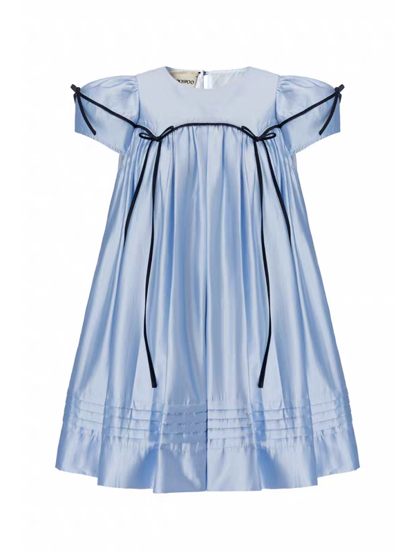 HSIYOUNWOO. Original Design Silk Bow Puff Sleeve Babydoll Dress