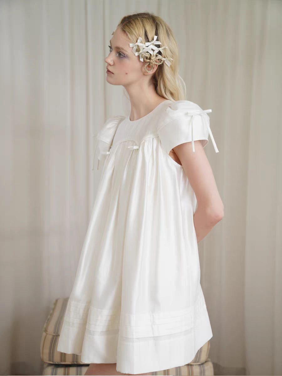 HSIYOUNWOO. Original Design Silk Bow Puff Sleeve Babydoll Dress