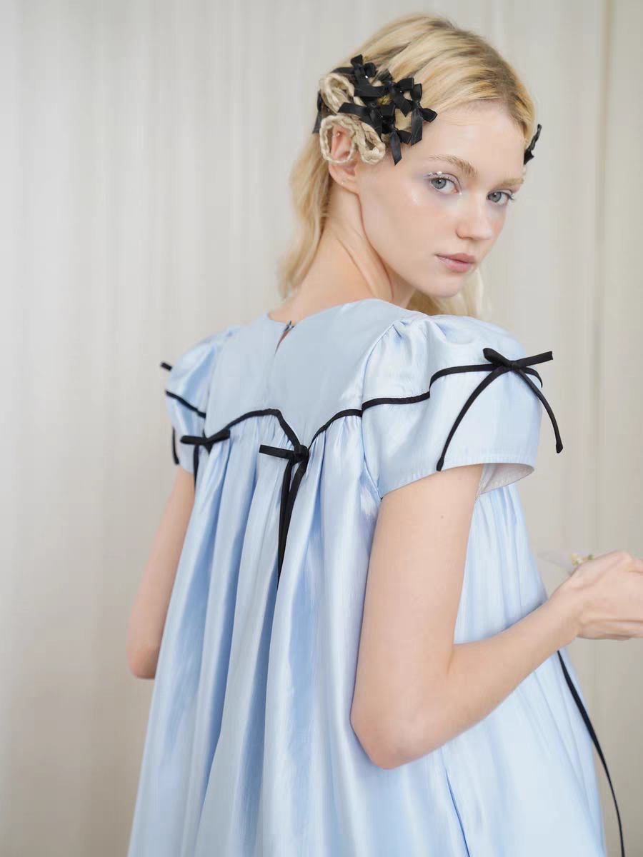 HSIYOUNWOO. Original Design Silk Bow Puff Sleeve Babydoll Dress