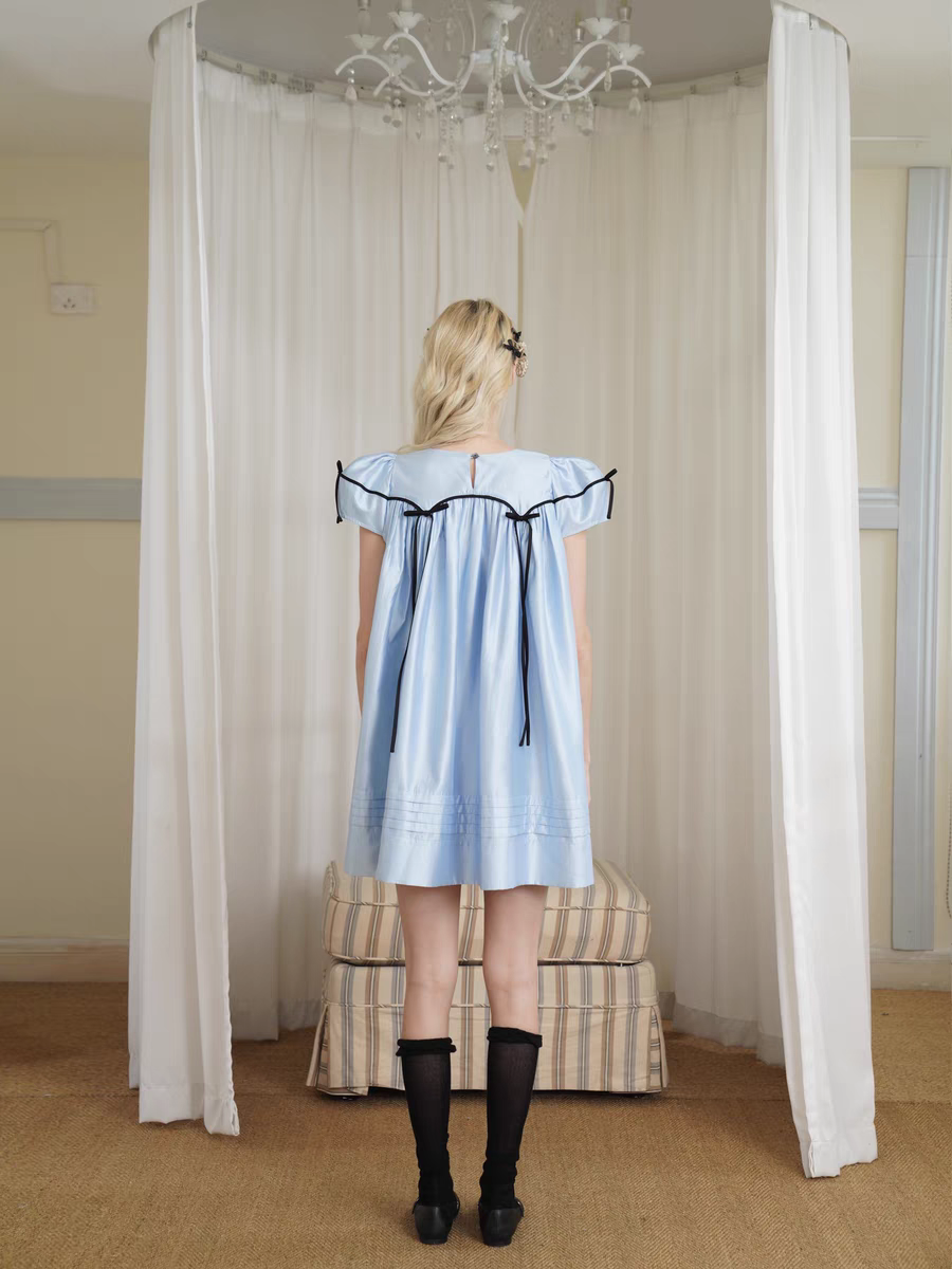 HSIYOUNWOO. Original Design Silk Bow Puff Sleeve Babydoll Dress