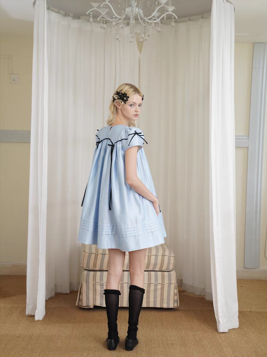 HSIYOUNWOO. Original Design Silk Bow Puff Sleeve Babydoll Dress