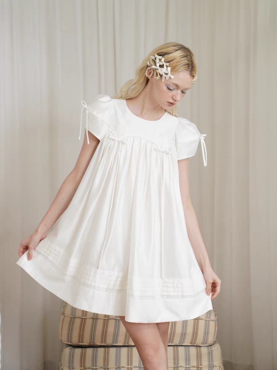 HSIYOUNWOO. Original Design Silk Bow Puff Sleeve Babydoll Dress