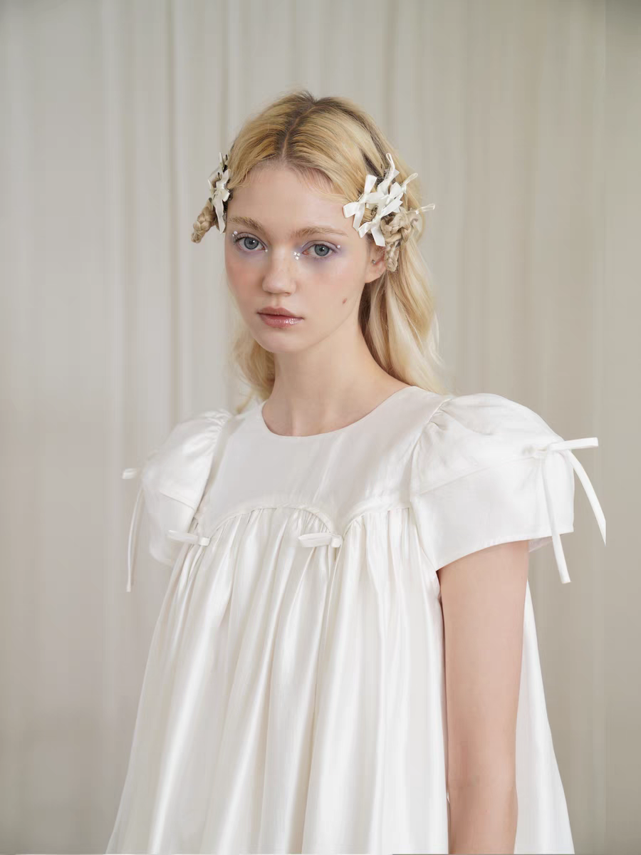 HSIYOUNWOO. Original Design Silk Bow Puff Sleeve Babydoll Dress