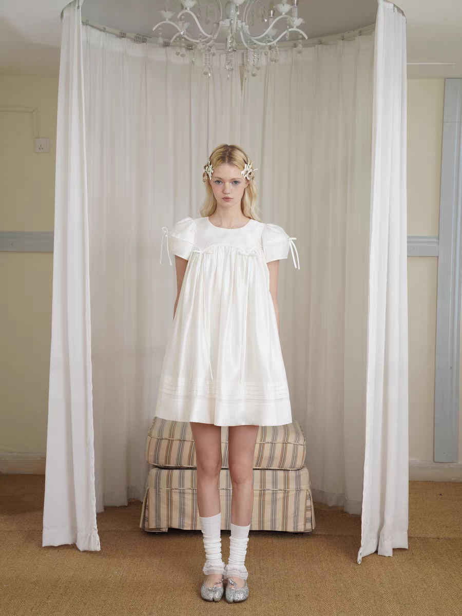 HSIYOUNWOO. Original Design Silk Bow Puff Sleeve Babydoll Dress