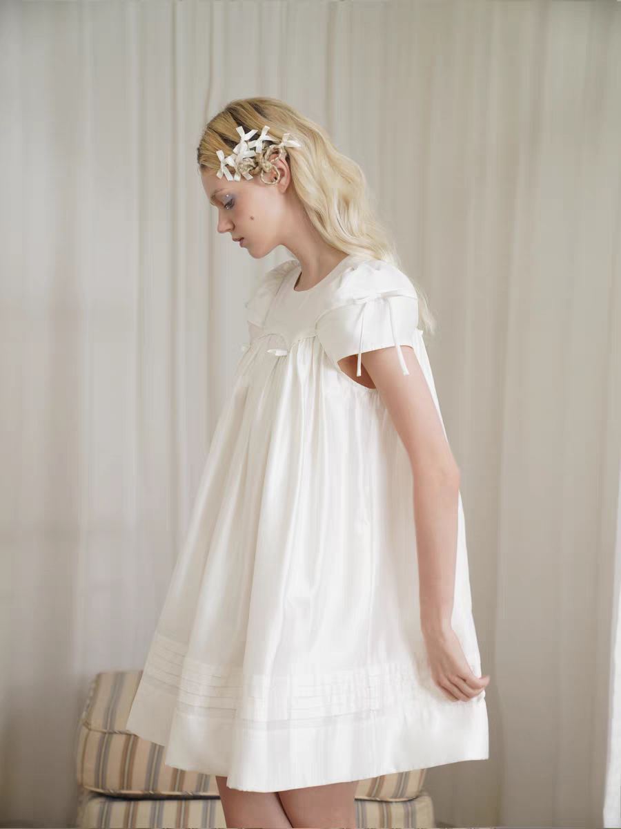 HSIYOUNWOO. Original Design Silk Bow Puff Sleeve Babydoll Dress