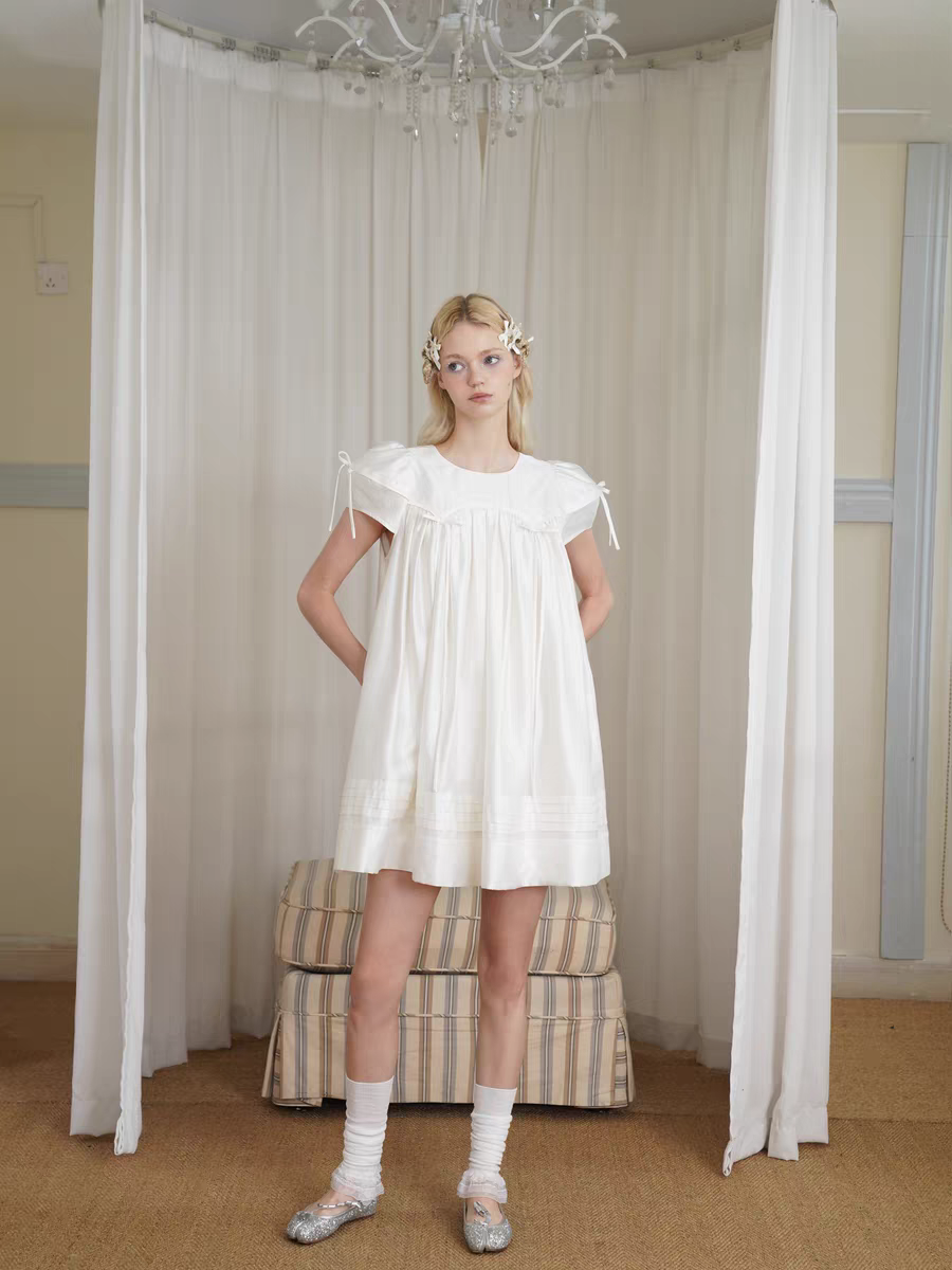 HSIYOUNWOO. Original Design Silk Bow Puff Sleeve Babydoll Dress